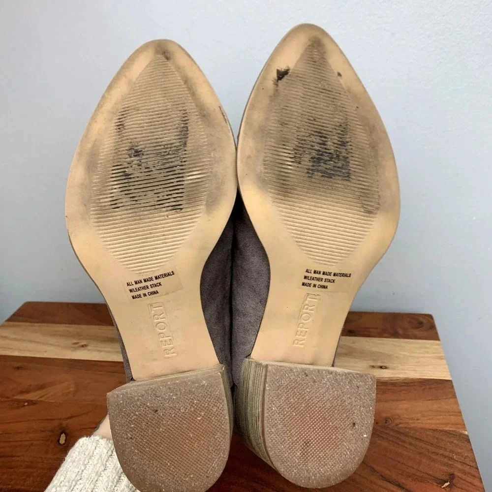 Report Tisha Faux Suede Leather Mules Clogs Pointed Toe Gray Taupe Shoes sz 7.5